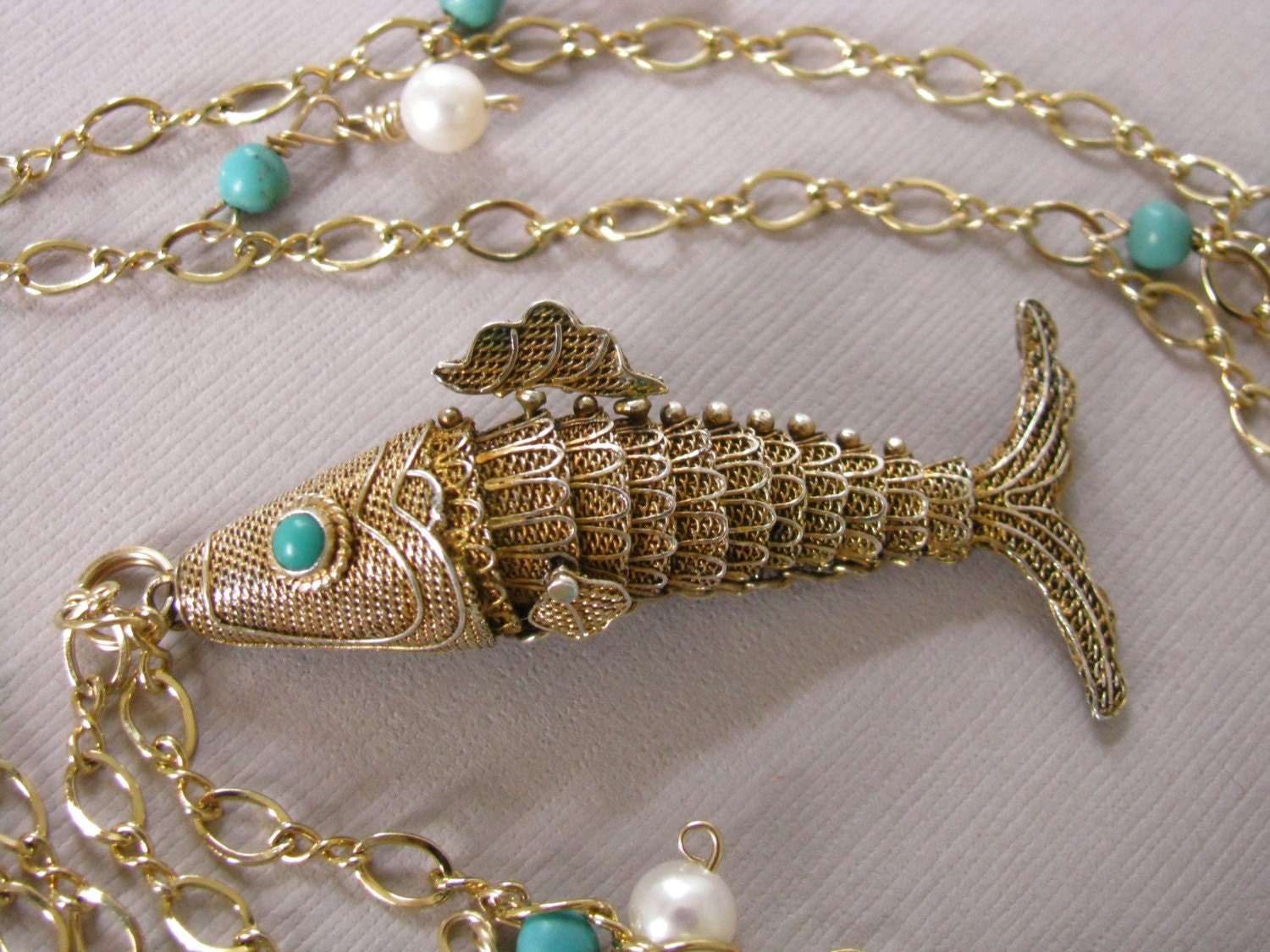 Vintage Fish Koi Necklace with turquoise and pearls