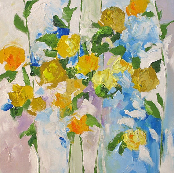 Original Flower Painting Abstract Art Impressionist Landscape Floral Garden Surreal Roses yellow blue 24x24 Linda Monfort