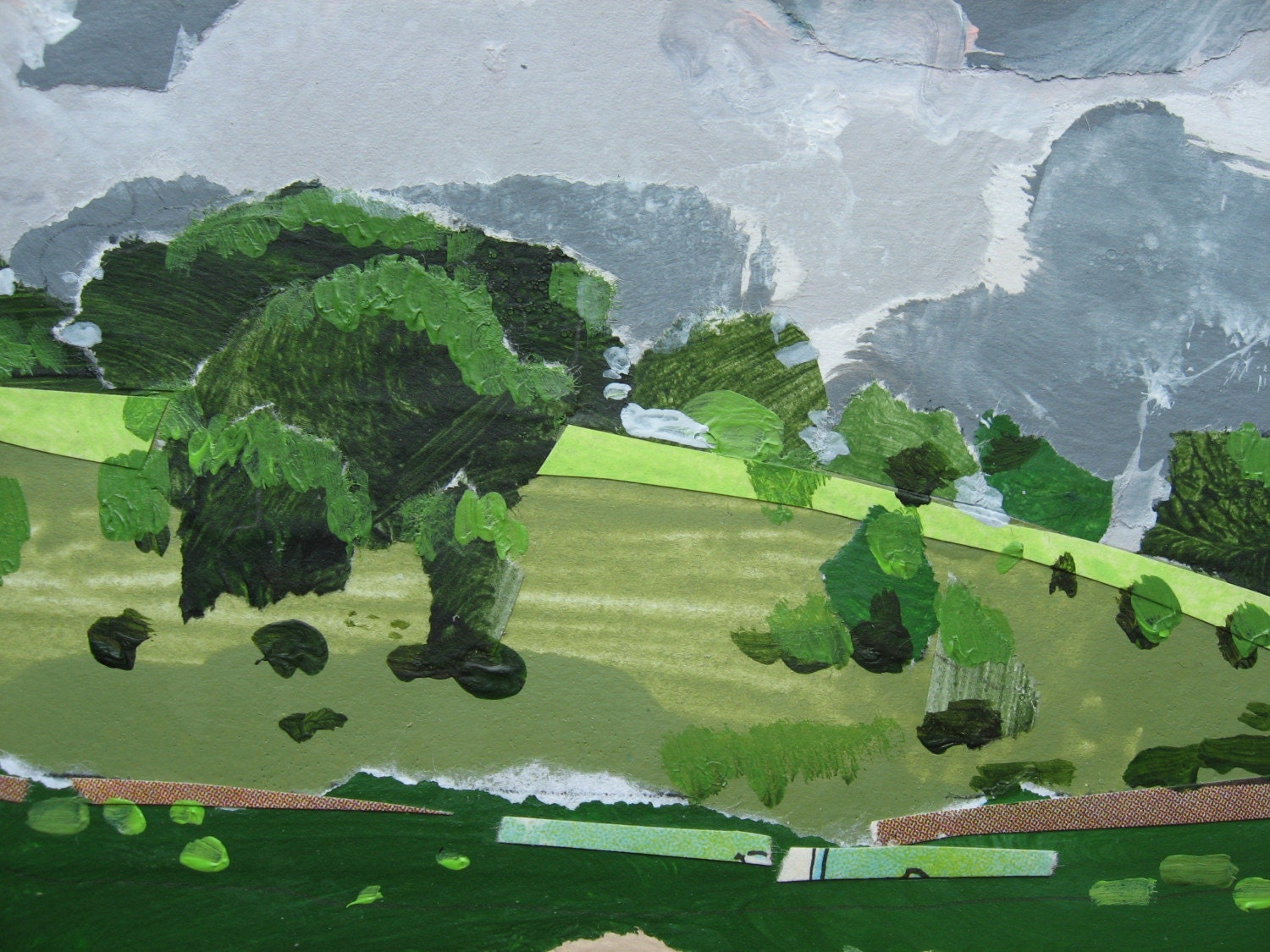 Summer Hill Small Landscape Collage Painting On Paper