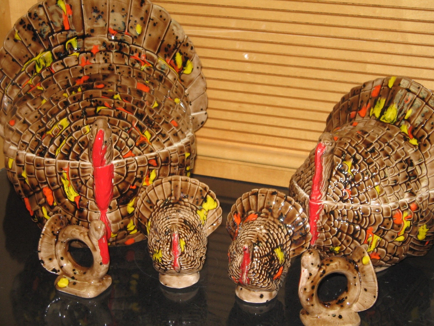 Handcrafted Ceramic Turkey Covered Bowls Napkin Rings Salt