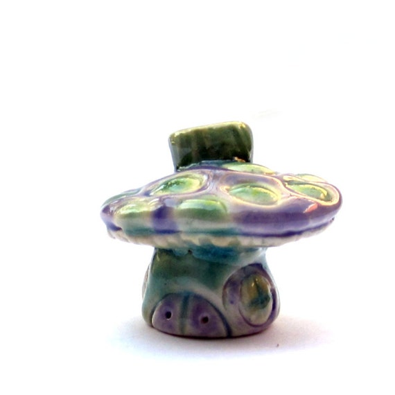 Ceramic Fairy Mushroom House  Green and Purple Pokadots