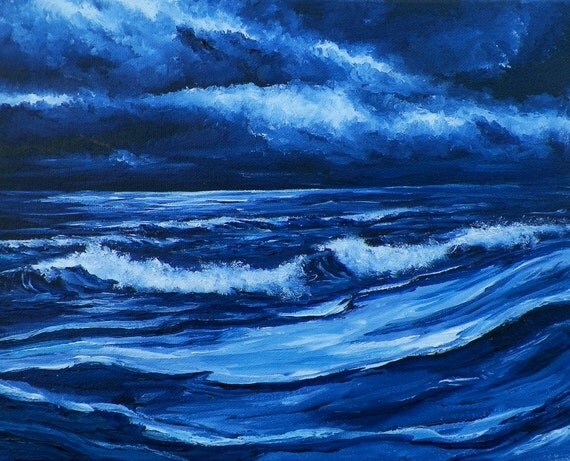 Moonlight Shore Seascape Waves Original Oil Painting Seascape