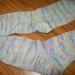 Hand knit knitted hand dyed socks stocking blue faced leceister superwash BFL blue pink yellow m/l