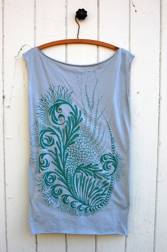 Stormy Grey T dress with teal green microflora Size L