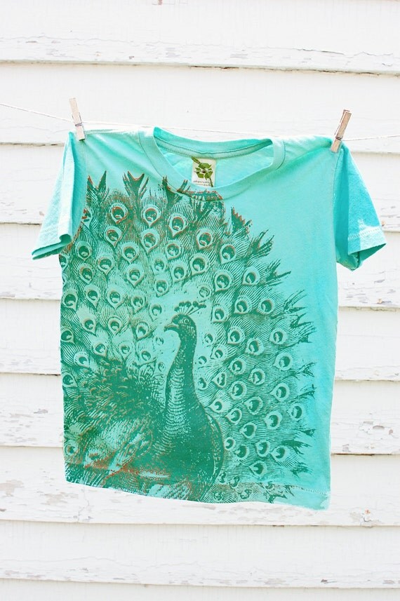 Organic robins egg blue t-shirt with yucca and orange peacock