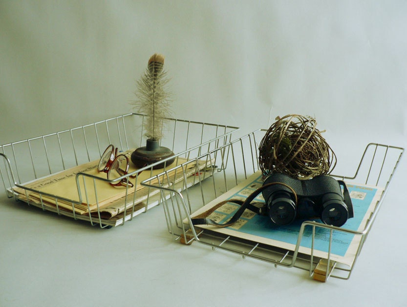 Wire Basket Desk Trays Set of Two Vintage Office Organizer