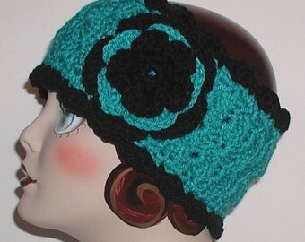 Headband Teal Black Ski Band Ear Warmer Flower Adult Women Teen