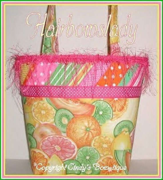 Citrus Fruit Purse Tote Bag Ribbon Polka Dot Stripes Pink