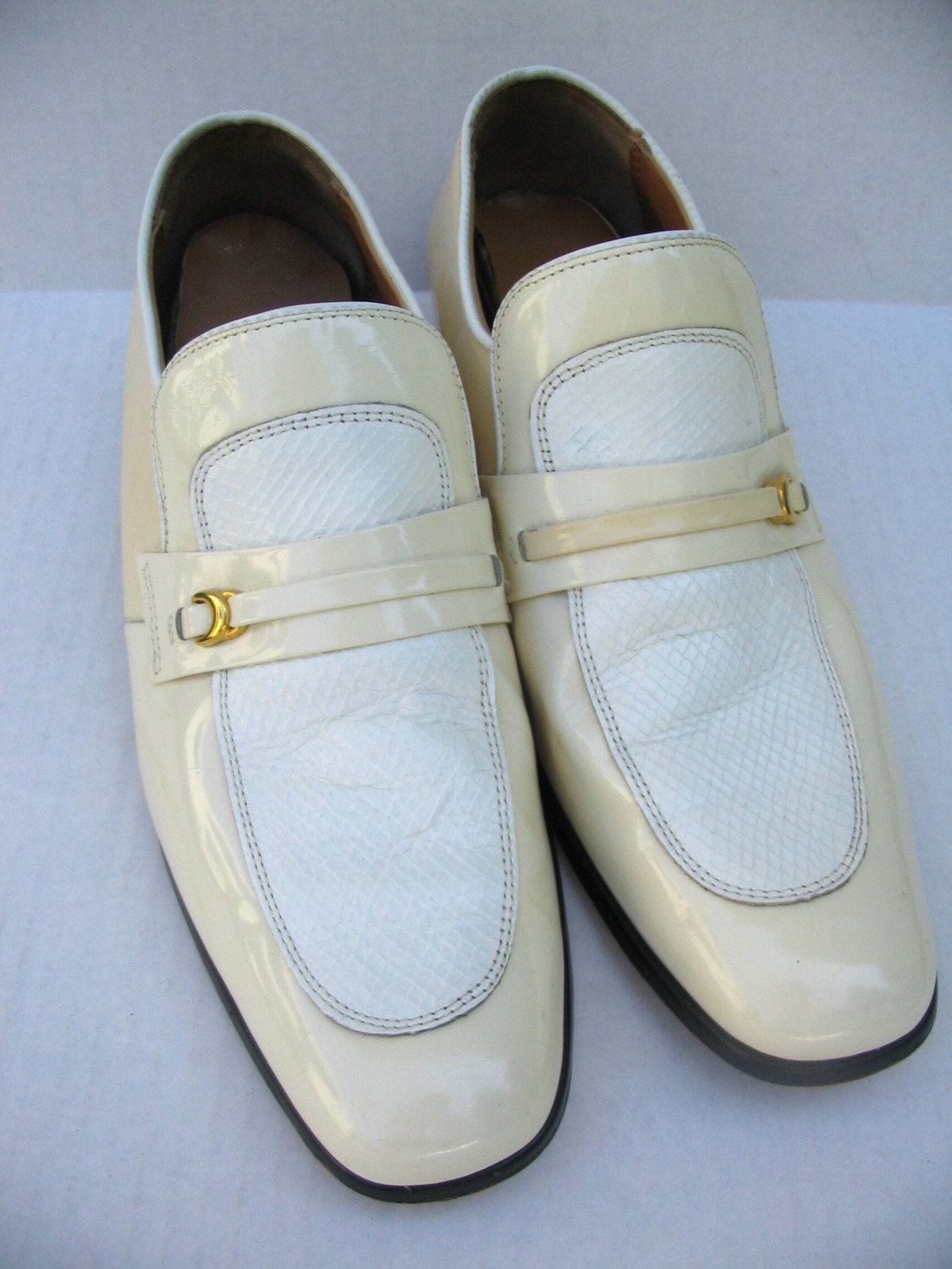 Mens Creamy White Patent Leather 70s Loafer Dress Shoes 11.5