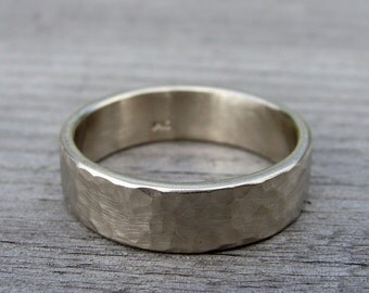 Recycled White Gold Wedding Band / Ring, 14k, Eco-Friendly, Hammered / Matte / Brushed, 7mm Wide, Mens or Womens, Made to Order