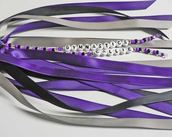 Personalized Ponytail Holder Gymnastics Ribbon Hair Tie Bow Double Strands of Beads Custom Personalized