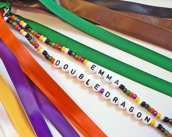 Personalized Ponytail Holder Karate Ribbon Hair Tie Bow Double Strands of Beads Custom Personalized