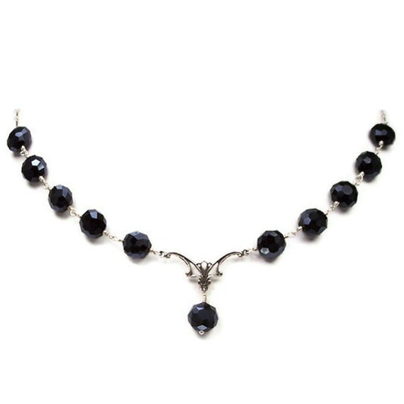 Art Nouveau Navy Crystal and Silver Midnight Velvet Necklace