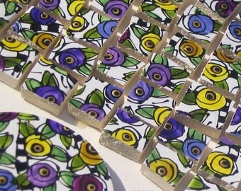 Mosaic Tiles, HP, Hand Painted, Maize and Purple Posies