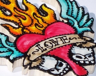 Tattoo-style Tile, Mosaic Tiles, Hand Painted, Skulls, Flames, Heart, Wings, Ed Hardy style