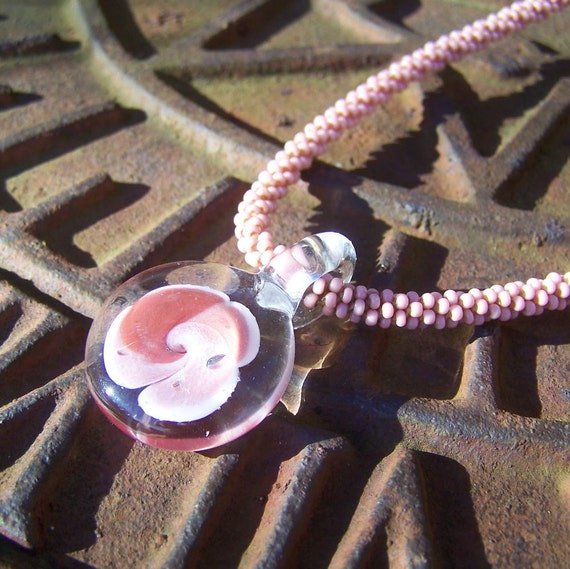 Pretty Pink Blown Glass Flower Pendant on Seed Bead Necklace