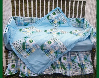 New JOHN DEERE baby crib bedding set made w/ new brown plaid