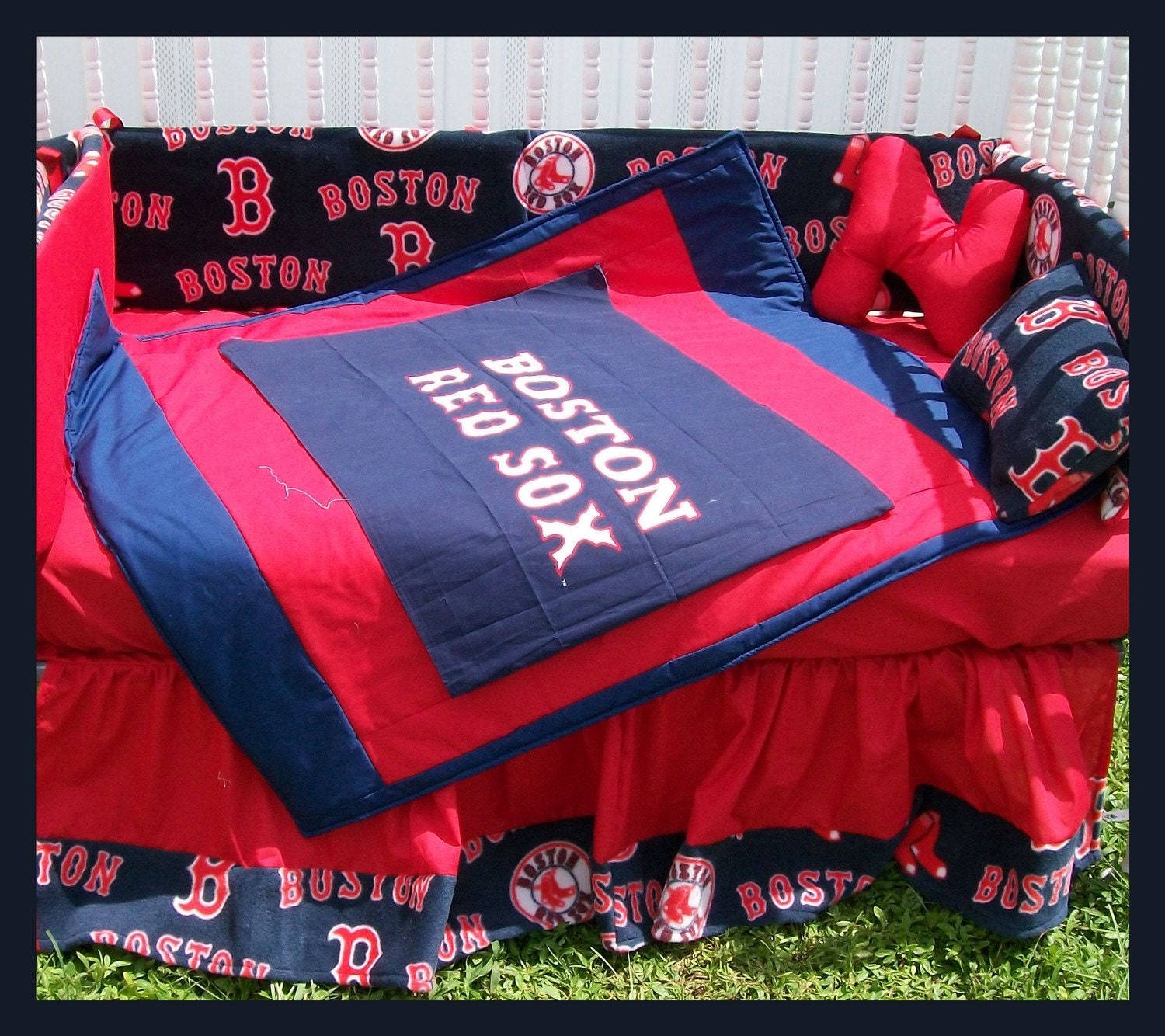Custom made Boston RED SOX full crib bedding set NY baseball