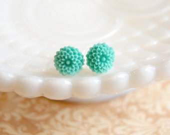 Mint Icing Tiny Mum Post Earrings - pale turquoise- vintage inspired flowers