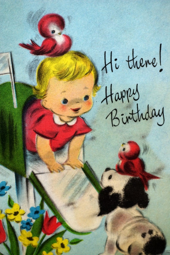 Vintage Happy Birthday Baby Girl Birds and Puppy 1950s