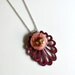 Vintage Czech Glass Button on Pierced Wood Necklace - Kitty Cat Meow - Purple Wood