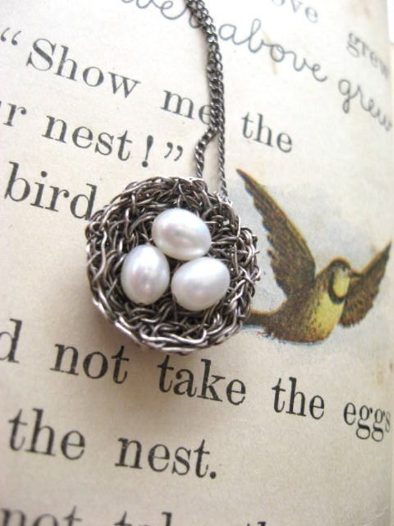 Items similar to bird nest necklace, oxidized silver, 3 freshwater pearl eggs on Etsy