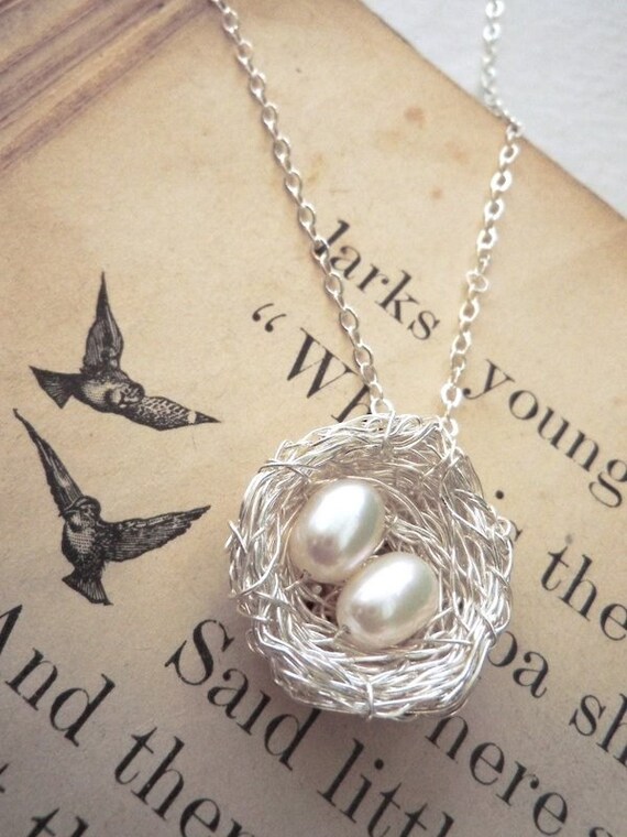 bird nest necklace bright silver 2 pearl eggs