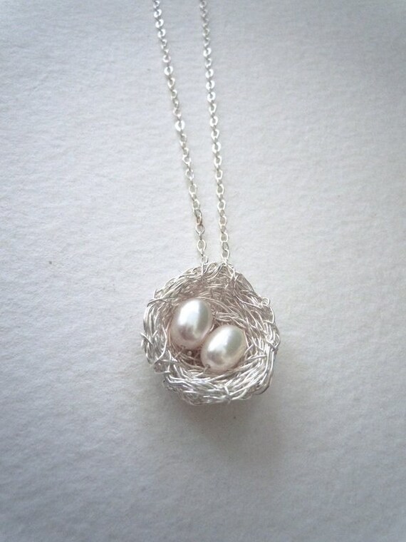 bird nest necklace bright silver 2 pearl eggs