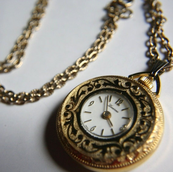 Vintage Lucerne Watch Pendant Gold Tone Etched Back Necklace