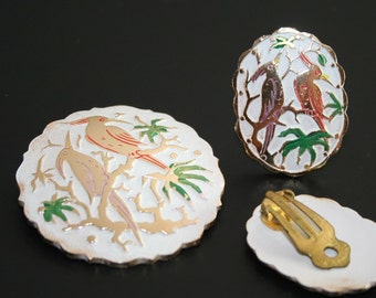 The Birds - Vintage Demi Parure - Earrings and Pin Set - Signed - 1950s