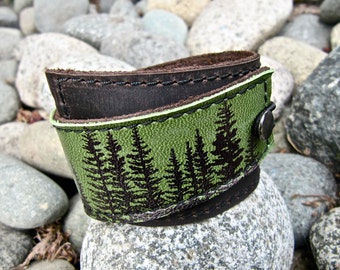 Leather Cuff Bracelet Wrap, Wilderness Pine Tree Print in Brown & Hunter Green * SALE * Coupon Codes