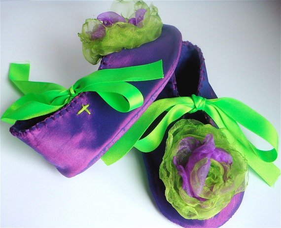 Purple and Lime Green Organza Baby ShoesBooties by CreamBunBakery