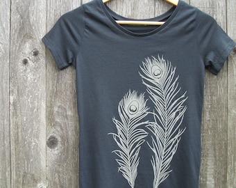 Womens Graphic Tee - Organic Cotton Jersey T Shirt - Womens Tee Shirt - Grey Tee Shirt - Ladies Screen Printed TShirt- Peacock Feathers