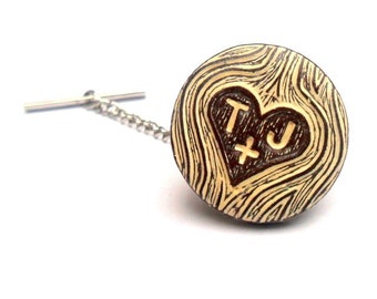 Personalized Tie Tack, Custom Tie Tack, Carved Initials, Faux Bois Woodgrain Tie Tack, Woodland Wedding Tie Tack,Groom Gift