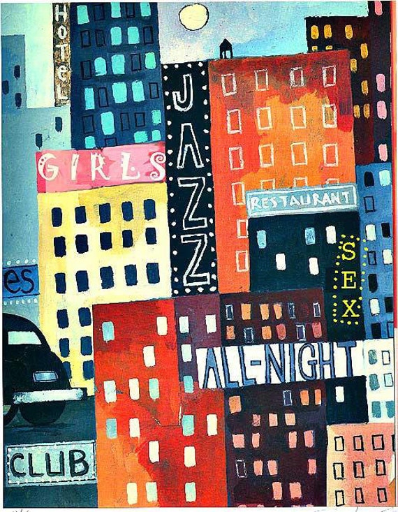 Items similar to Harlem New York Cityscape, Jazz ghetto street Original ...