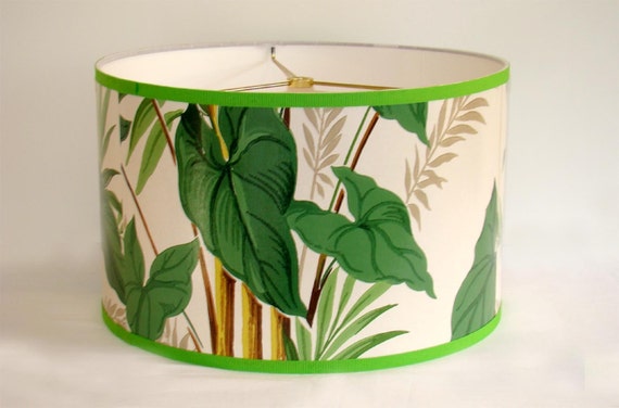 Vintage Tropical chandelier lampshades Bamboo Wallpaper Drum vintage Shade  Floral 1950's
