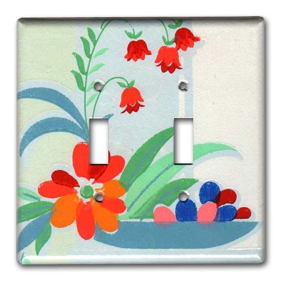 Double Switch Plate 1940&rsquo;s Vintage Wallpaper Colorful Deco
