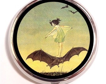 Girl Riding Bat Pill Box case Art Nouveau Pillbox Fairy Tale Storybook Trinket Box Vitamin Holder Medicine Box birth control Case Bat Rider