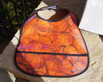 WATERPROOF WIPEABLE Baby to Toddler Bib Hoop Star Basketballs All Over Wipeable Plastic Coated Bib