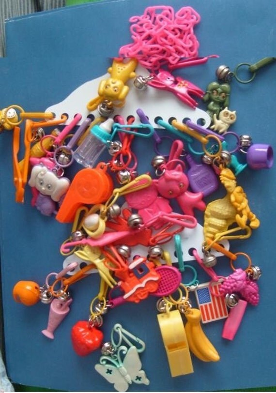 Lot of 32 1980 80s plastic bell charms clips vintage retro