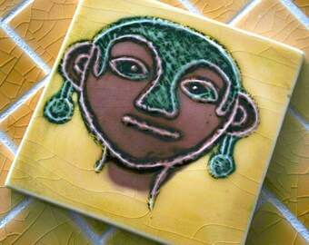 Ancient Petroglyph - Women with Earrings - Handmade Ceramic Tile