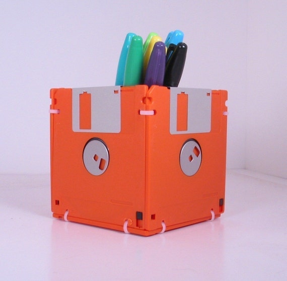 Floppy Disk Pen and Pencil Holder ORANGE by GeekGear on Etsy