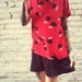 80s Red silk blouse - Medium Large - black graphic flower pattern