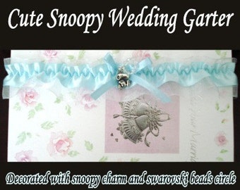 Snoopy Charm White Blue Swarovski Wedding Garter Keepsake Bridal Gift