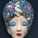One of a Kind Larger Art Doll face with Faux Fabric Clay Hat LFF 2