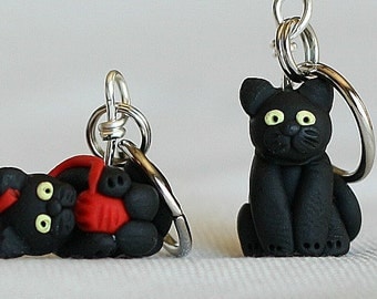 Black Cat Stitch Markers Set of 4 polymer clay miniature sculpted animal knit, crochet accessories