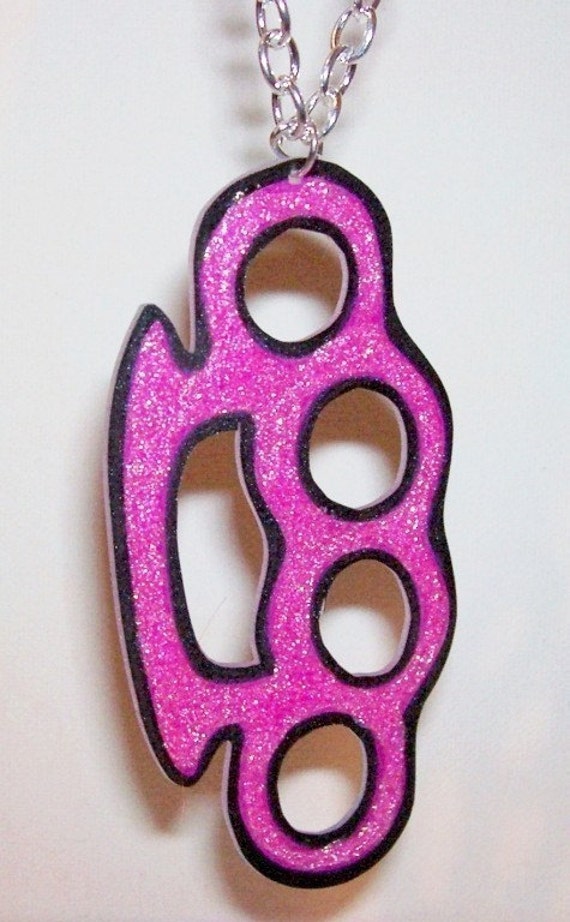 pink glitter brass knuckles tough girl necklace by artallnight