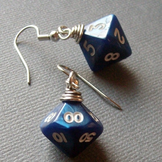 D8 D10P Earrings Blue Pearl Geek Gamer DnD Role Playing RPG