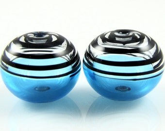 Aqua and Black Swirls Lampwork Glass Bead Pairs