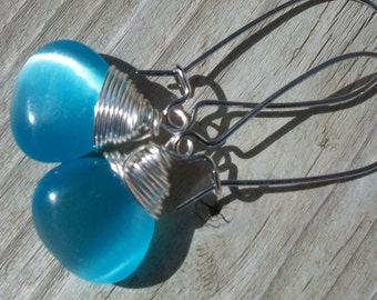 Blue Cats Eye Earrings - Briolettes Wire Wrapped in Silver SALE